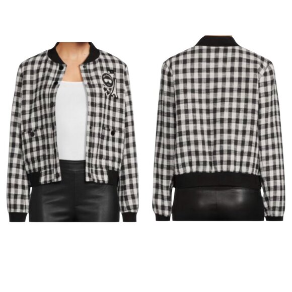 Karl Lagerfeld Paris Black White Gingham Check Tweed Bomber Jacket XL (Estimated - Picture 1 of 9
